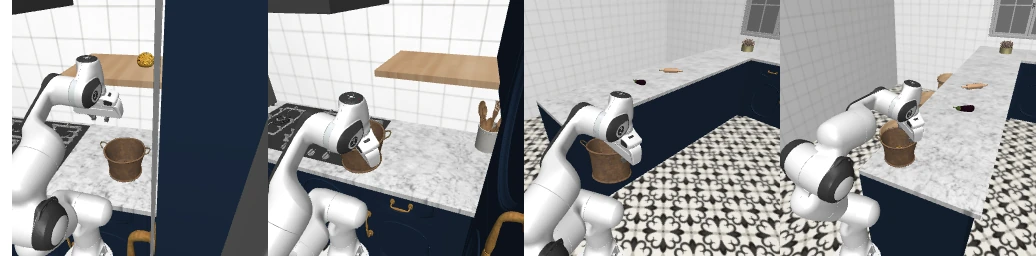Four sequential frames of the robot carrying a bread basket from the cabinet area to the dining counter.