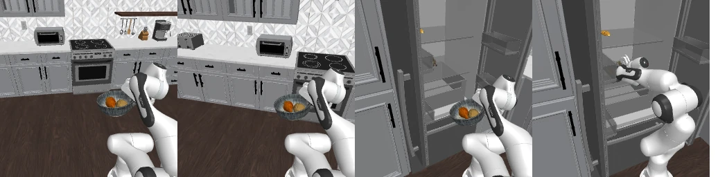 Four sequential frames of the robot collecting food in a bowl and placing it inside a refrigerator.